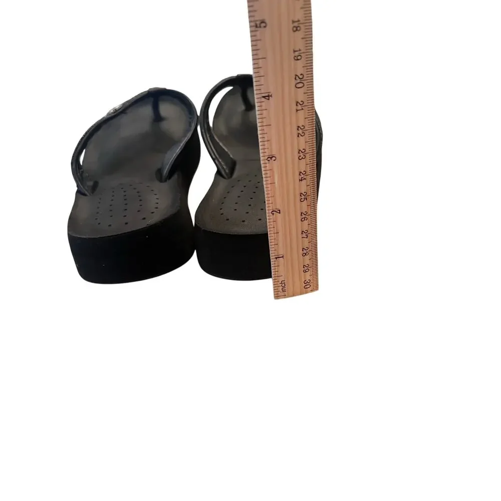 Michael Kors Woman's 8 Monogram Black Wedge Flip Flop Comfort Sandals